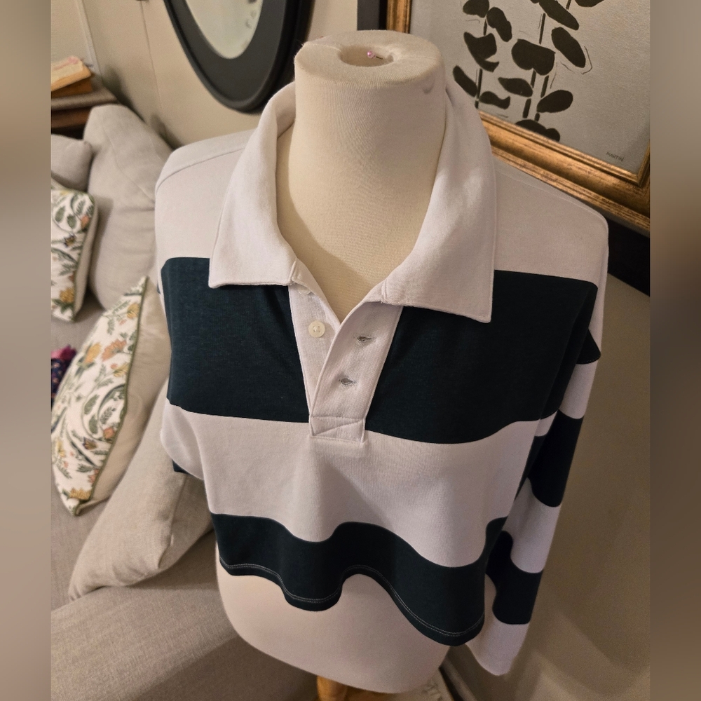 Divided Striped Polo Shirt in White and Dark Blue